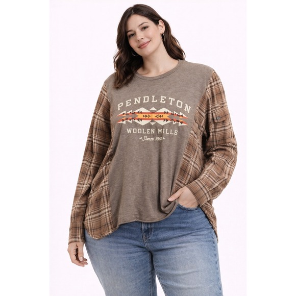Pendleton Tops - Pendleton Mixed Media Top Womens XL Brown Plaid Flannel Graphic Tee Southwestern